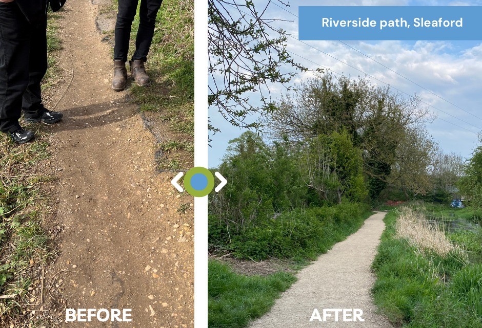 Another image showing the before and after of the Riverside path restoration in Sleaford